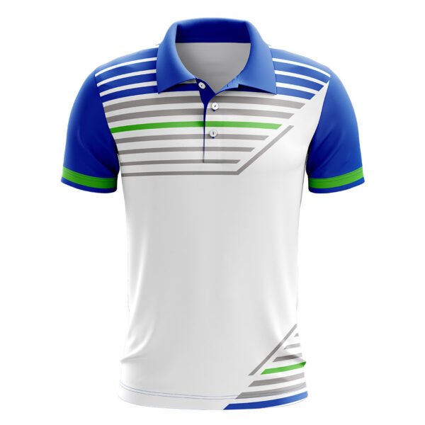 Custom Printed Mens Polo T-shirts | Badminton Clothing White, Blue and Yellow Color