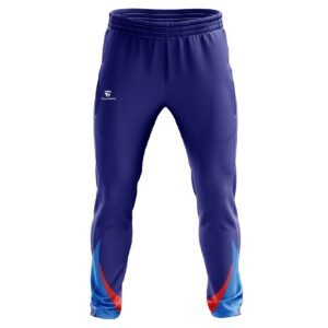 Cricket Track Pants | Custom Design Cricket Trousers Dark Blue, Red and Light Blue Color