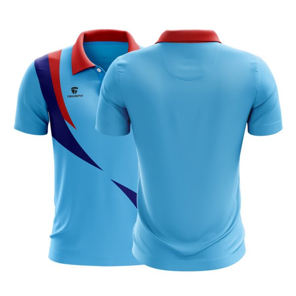 Cricket T Shirts Training for Men | Custom Clothing Sky Blue, Navy Blue and Red Color