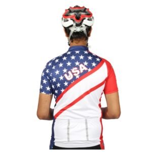 Men Cycling Jersey Road Bike Shirt Short Sleeve Breathable 100% Polyester White, Blue and Red Color