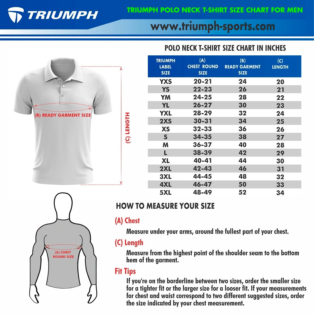 Regular Fit Men's Polo Neck T-shirts Size Chart